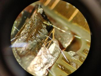 One of the diamond samples. Gold structures on the diamond surface allow of control of the quantum processor.