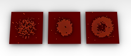 Measured atom distribution of an ultracold quantum gas held in a two-dimensional crystal of light for the two distinct quantum phases of a Bose-Einstein condensate (BEC) (left) and Mott insulators with increasing particle numbers (middle & right).