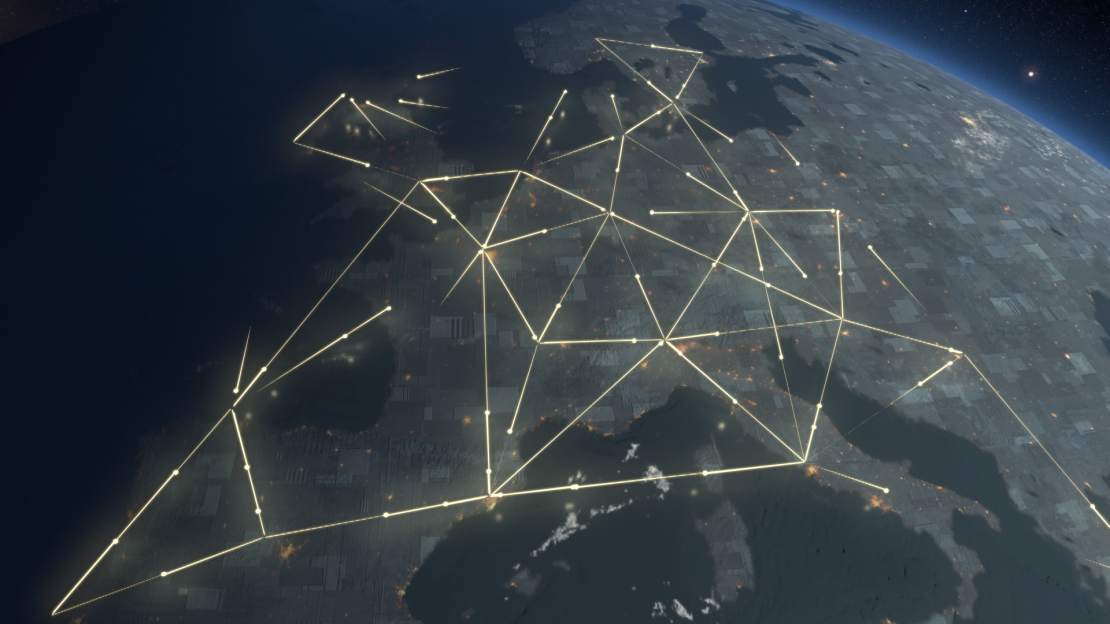 Description: illustration of the implementation of QKD for secure communications across Europe.